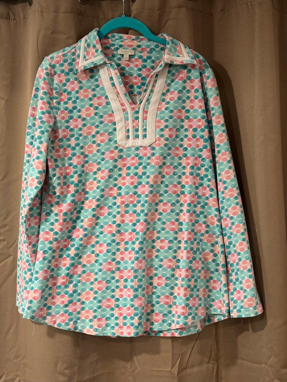 Talbots Floral Polka Dot Pink Blue Print Collared Long Sleeve Top Soze Small